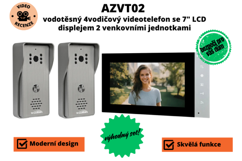 AZVT02 - vodotěsný 4vodičový videotelefon se 7" LCD displejem a 2 venkovními jednotkami